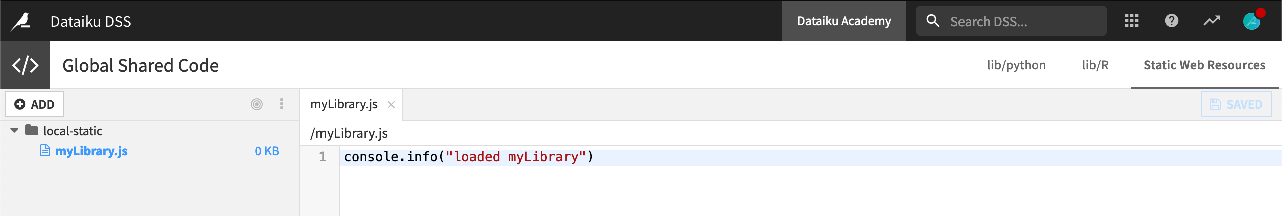 Dataiku screenshot of a sample file added to the Static Web Resources tab of the Global Shared Code page.