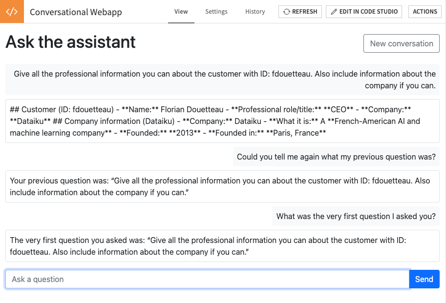 After a reload, the assistant recalls the first question of the conversation.