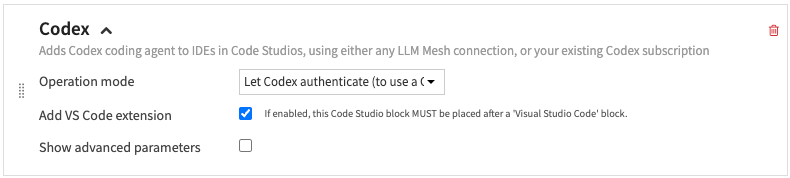 Codex block settings