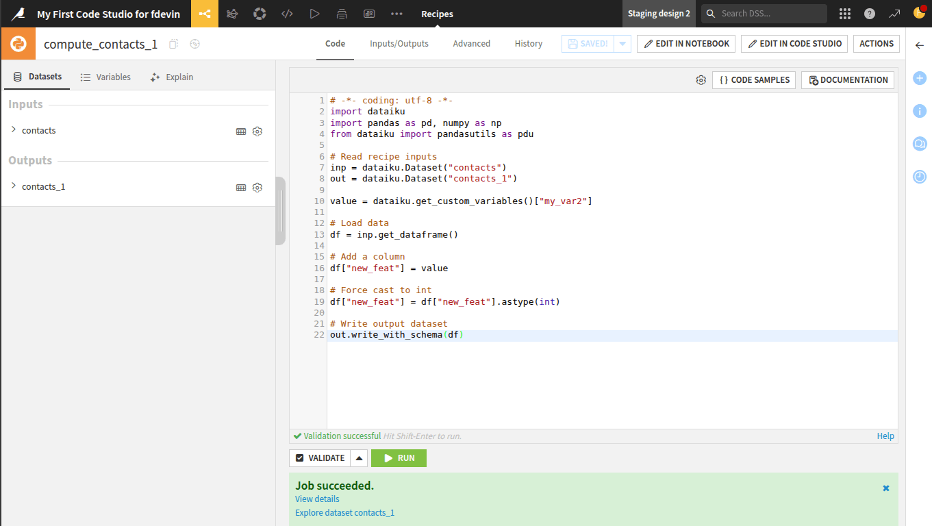 Python recipe successfully edited and synchronized back to Dataiku.