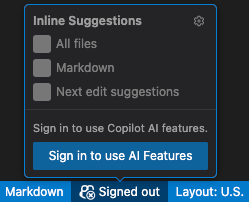 GitHub Copilot menu