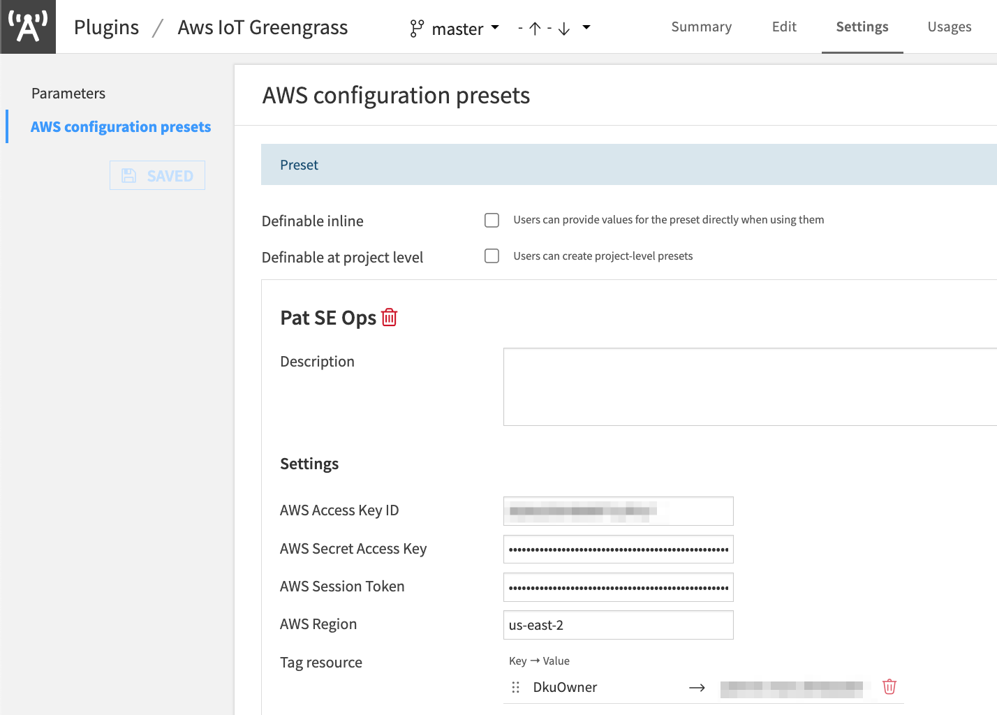 Figure 5 -- Plugin AWS Configuration Presets