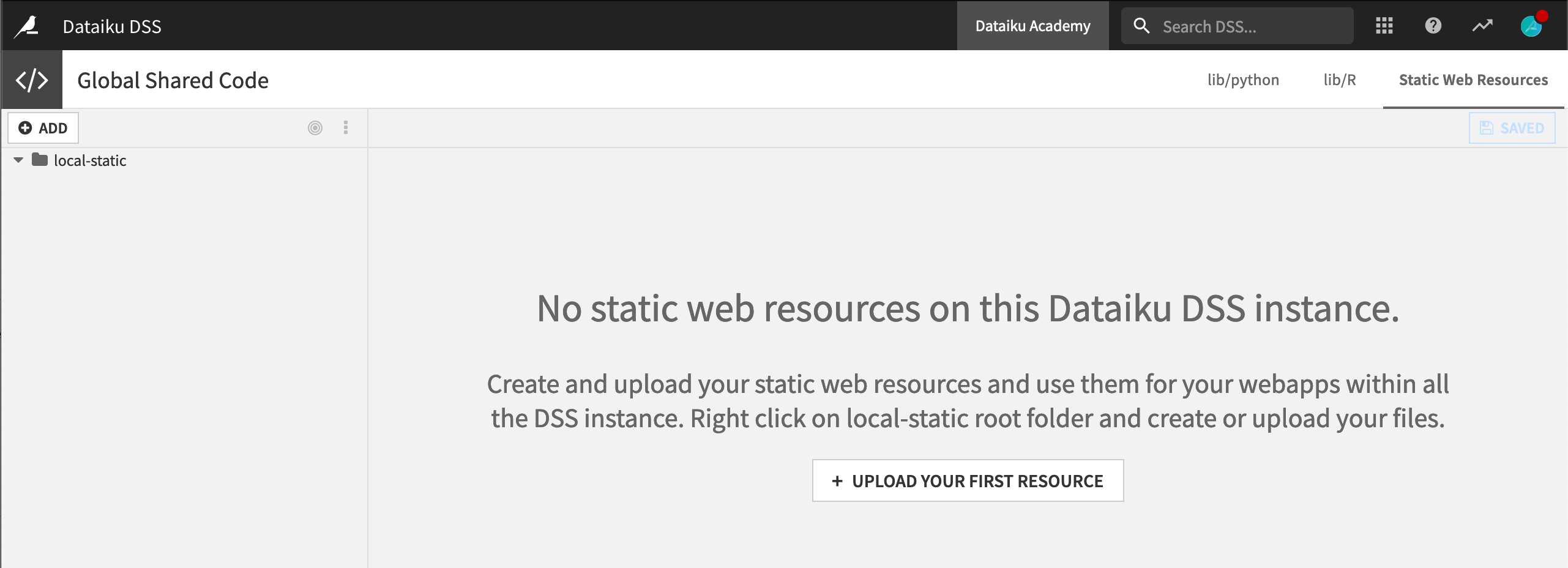 Dataiku screenshot of the Static Web Resources tab of the Global Shared Code page.
