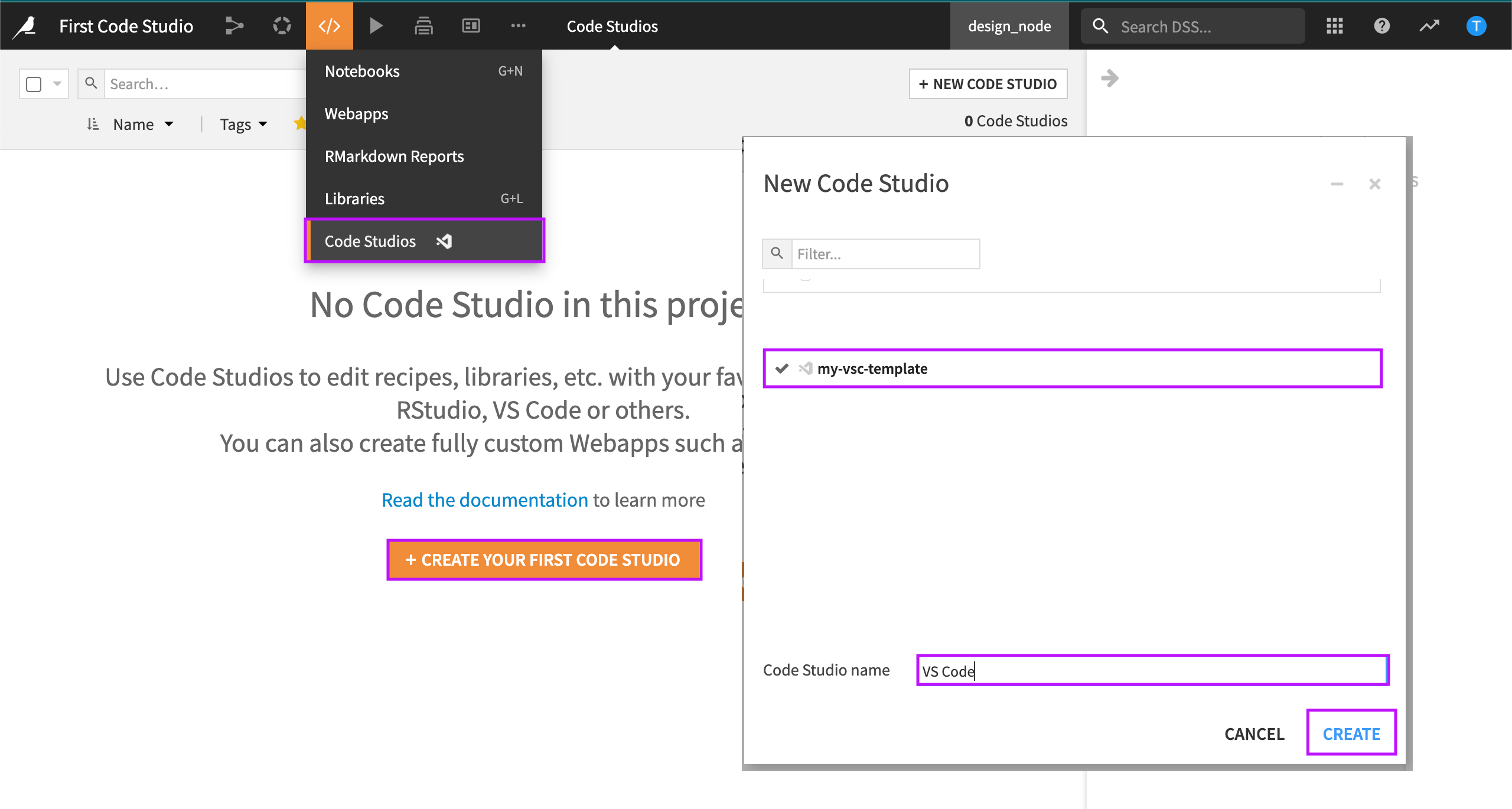 Launching a new Code Studio in a project.