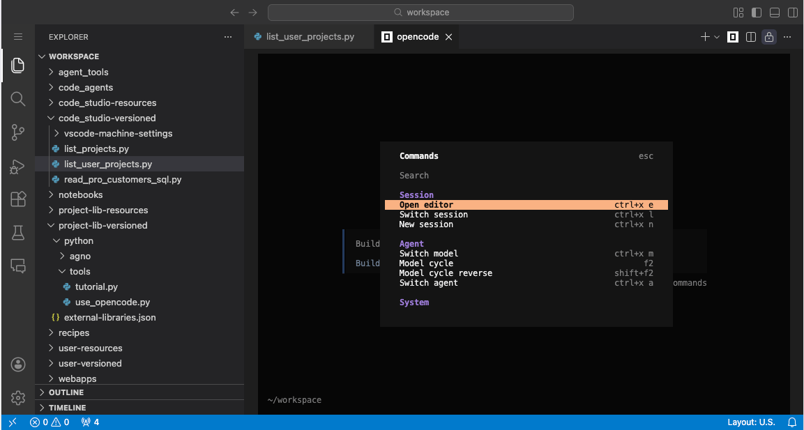 OpenCode commands list