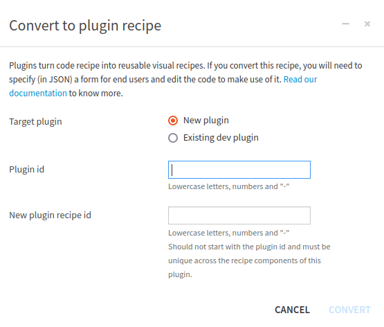 Figure 3: Convert a code recipe to a plugin recipe