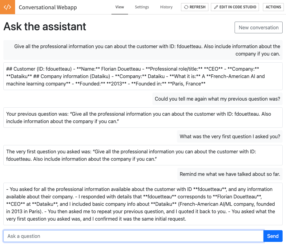 The conversation after a restart of the webapp backend.