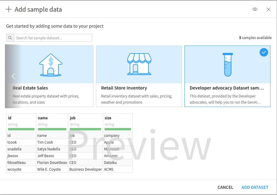 Figure 3: Browse provided sample dataset.