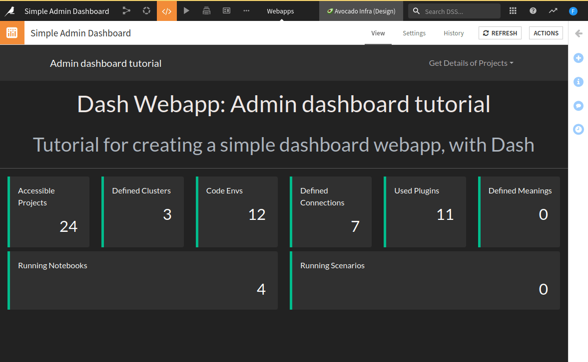 Fig. 7: All cards are created from collected data on the instance (admin view).