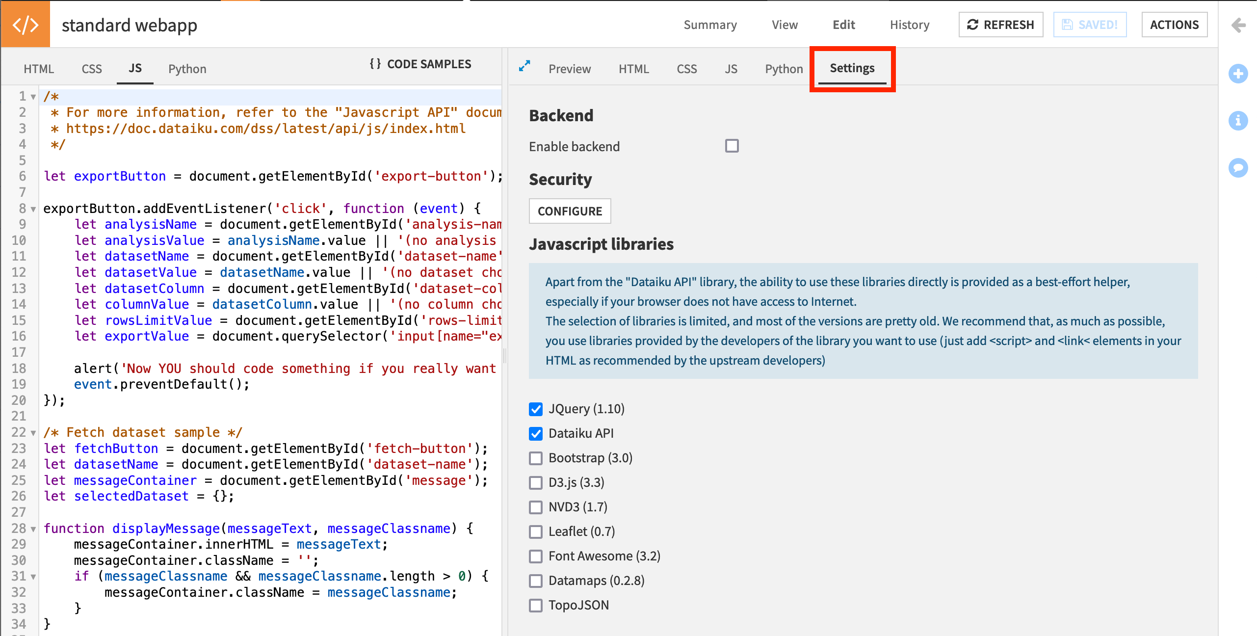 Dataiku screenshot of the Settings tab of a standard webapp where many standard JavaScript libraries can be loaded.